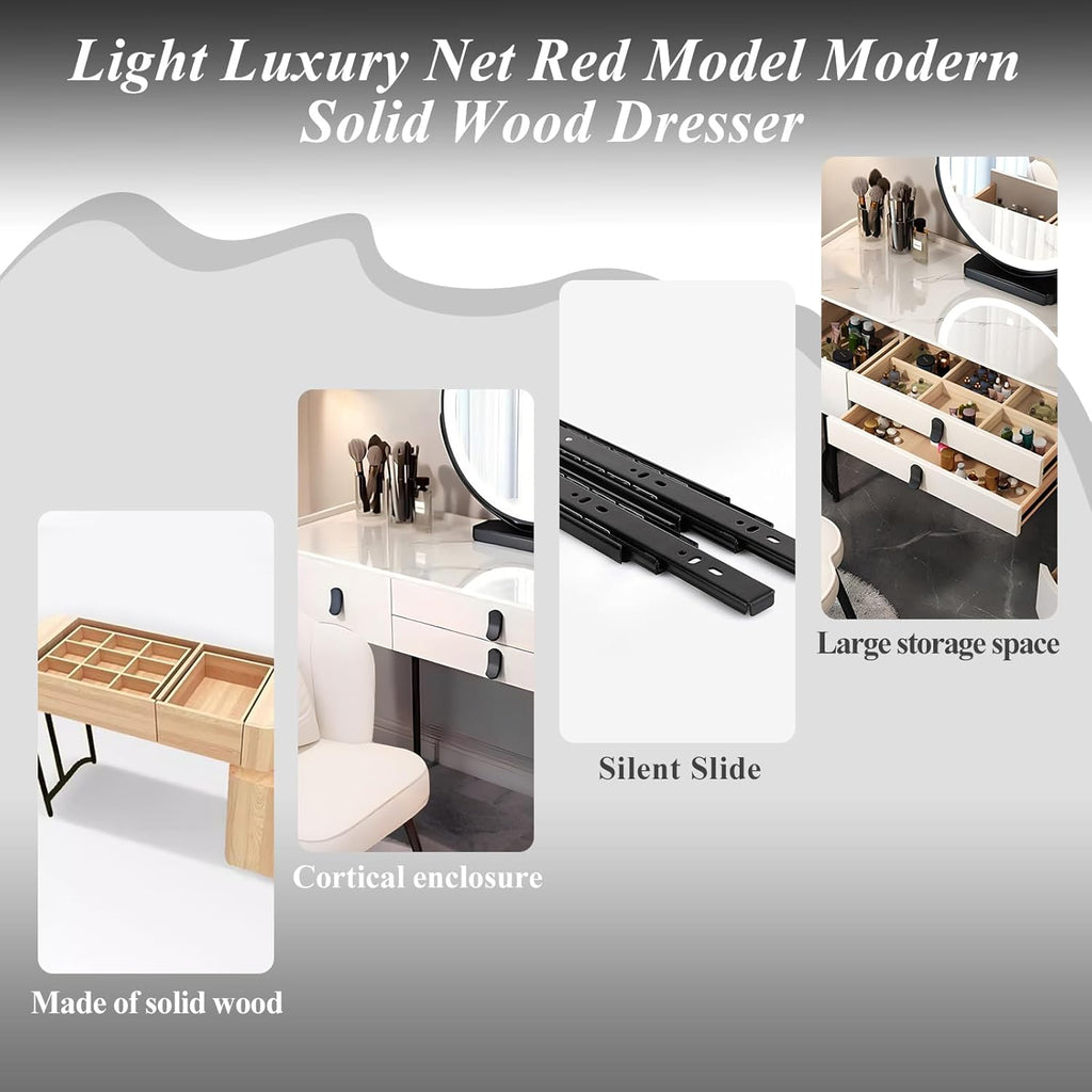 Vanity Dressing Tables with LED Lights, Dressing Table Makeup Desk with Mirror and 5 Drawers, 5 Drawers, Modern Makeup Desk with Bedside Table for Bedroom (White, 100Cm)